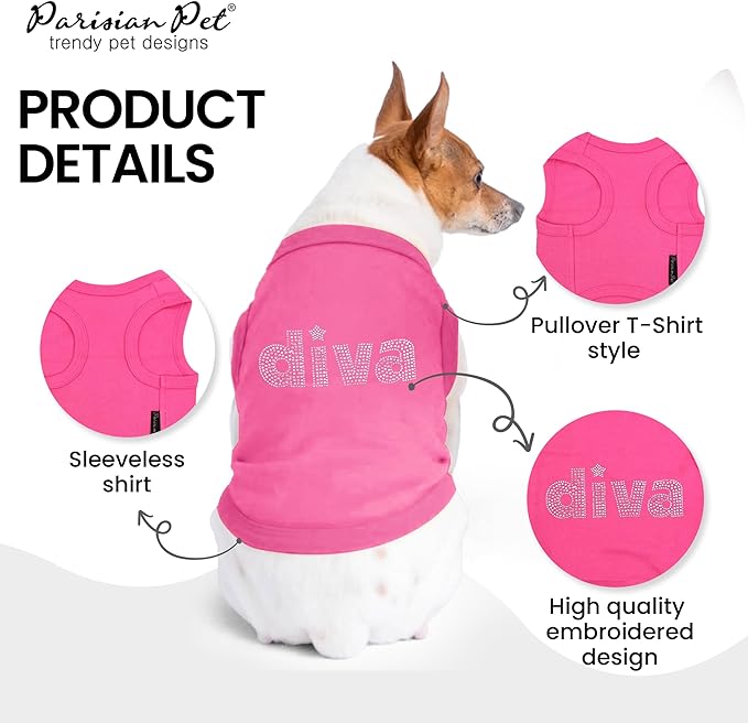 Parisian Pet Dog T-Shirt with Embroidered ' Diva ' - Breathable Tank Top - Sleeveless Pet Vest - Machine Washable Pink Tee Shirt for Large Dogs - 2XL