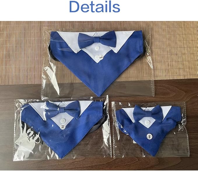 Tuxedo Dog Collar for Wedding Engagement and Birthday, Formal Dog Bandana Collar Costume with Bow Tie and Adjustable Buckle,Suitable for Small Medium Large Dog. (Blue, L)