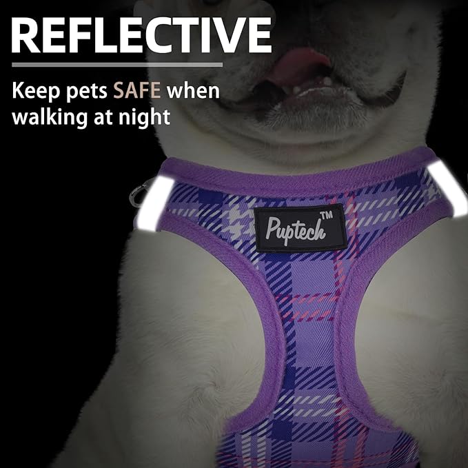 PUPTECK Dog Harness and Leash Set for Small Medium Dogs No Pull Step-in Soft Mesh Puppy Cat Vest Harnesses Reflective at Night, Plaid Pattern Purple S