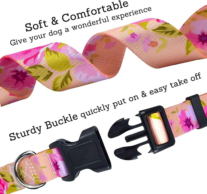 Dog Collar with Bohemia Floral Tribal Geometric Patterns - Soft Ethnic Style Collar Adjustable for Small Medium Large Dogs (Pink Rose, S)