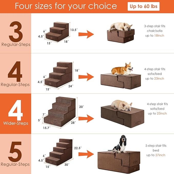 EHEYCIGA Dog Stairs for Bed 20”H, 4-Step Extra Wide Dog Steps for High Bed, Pet Steps for Small Dogs and Cats, Non-Slip Balanced Pet Ramp, Brown