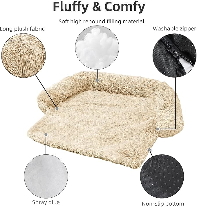 Calming Dog Bed Fluffy Plush Dog Mat for Furniture Protector with Removable Washable Cover for Large Medium Small Dogs and Cats (Small(35x31x5),Beige)