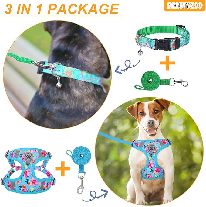 BEAUTYZOO Dog Harness Collar and Leash Set, No Pull Step in Pet Harness for Small Sized Dogs, Adjustable No Escape Puppy Vest Harnesses Outdoor Walking Running, Soft Reflective Vest, Green XS