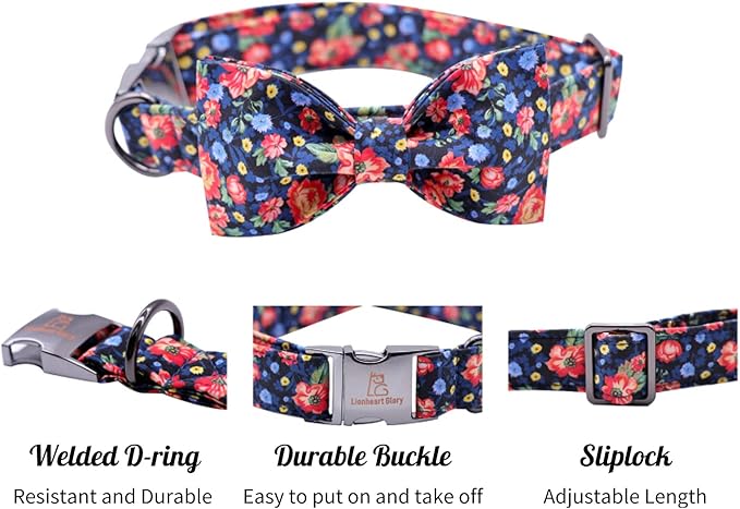 Lionheart glory Premium Floral Dog Collars, Bowtie Dog Collar, Adjustable Heavy Duty Dog Collar with Bow for Large Dogs