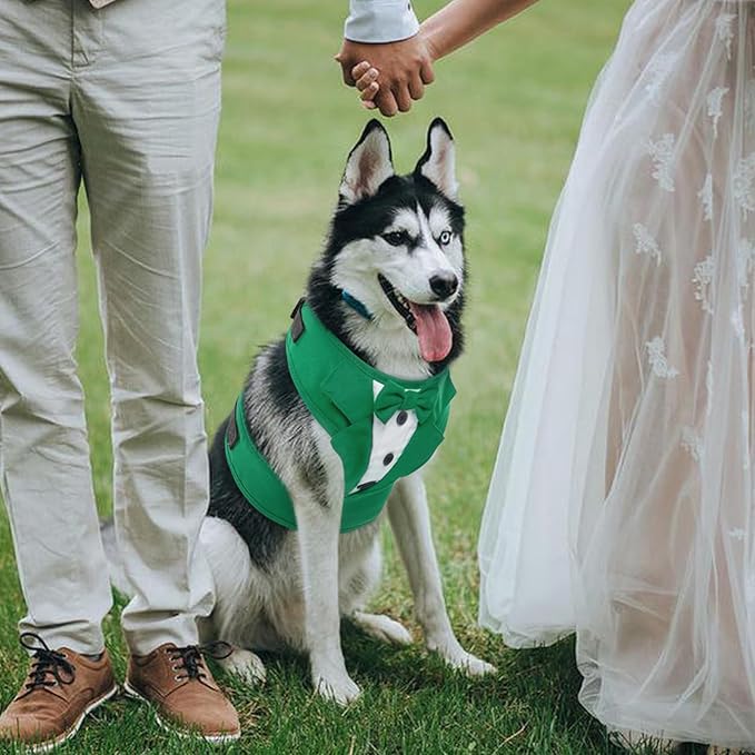 Kuoser Dog Tuxedo Harness, Adjustable Dog Harness No Pull for Small Medium Dogs, Dog Wedding Suit with Bow Tie Party Costume Green XS