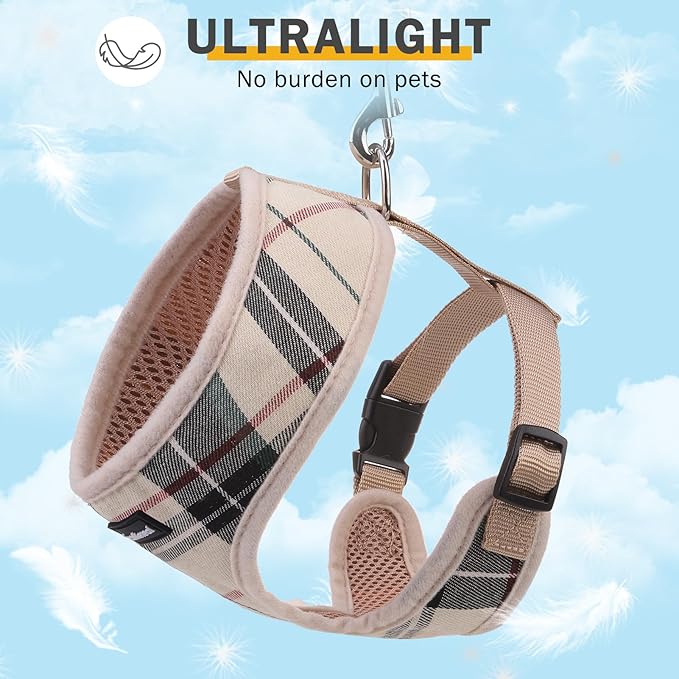 SCENEREAL No Pull Dog Harness Collar and Leash Set Small Medium Sized Dog, Soft Mesh Step in Puppy Harnesses, No Chock Plaid Adjustible Pet Vest for Outdoor Walking Training and Running, Beige S