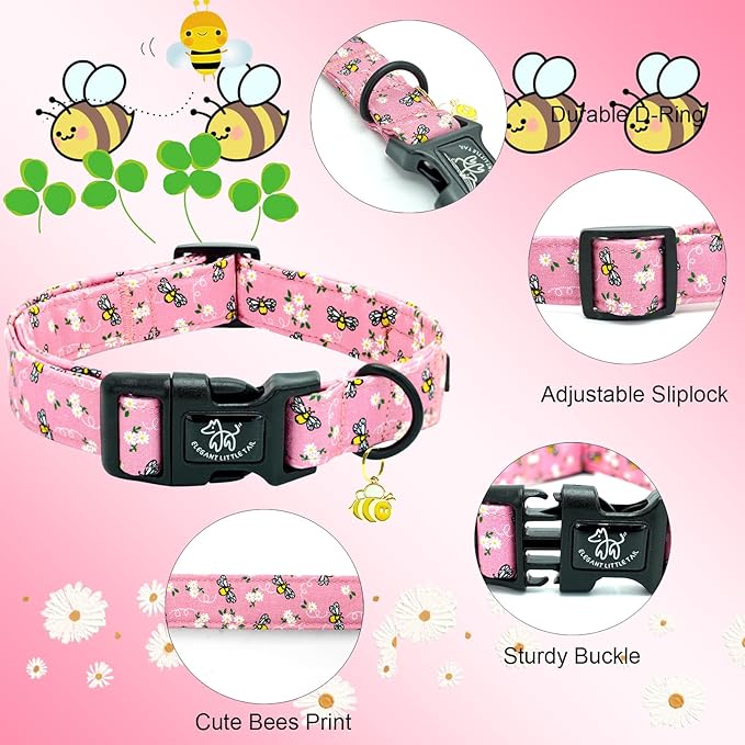 Elegant little tail Dog Collar,Cute Bees Pattern Pet Collar Pink Durable Holiday Female or Male Adjustable Cotton Pet Collar with Quick Release Buckle for Medium Dogs