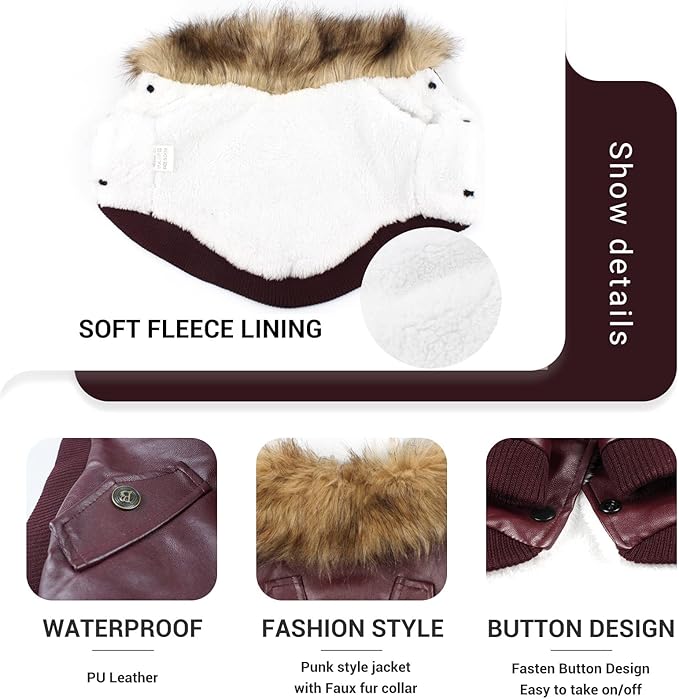 LESYPET Leather Dog Coat Waterproof Dog Winter Coat Puppy Jacket for Small to Medium Dogs, Red Large