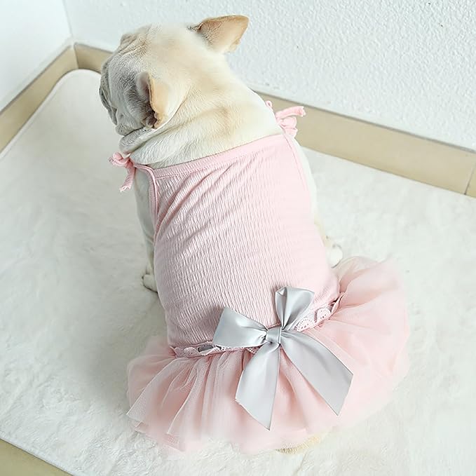 Moorfowl French Bulldog Princess Pink Tutu Dress Summer Vest Gauze Skirt for Pug Corgi Doggie Party Tulle Dress with Bowknot Fashion Outfits (XS(Back 11.02"-11.81",Chest 18.11"-19.68"))