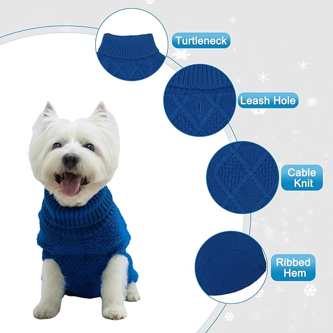 Mihachi Turtleneck Dog Sweater - Winter Coat Apparel Classic Cable Knit Clothes with Leash Hole for Cold Weather, Ideal Gift for Pet in New Year Royal Blue X-Small