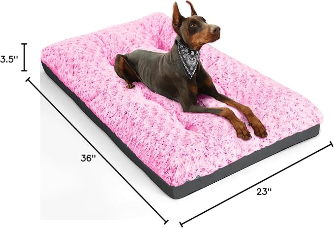 POCBLUE Deluxe Washable Dog Bed for Large Dogs Dog Crate Mat 36 Inch Comfy Fluffy Kennel Pad Anti-Slip for Dogs Up to 70 lbs, 36" x 23", Pink