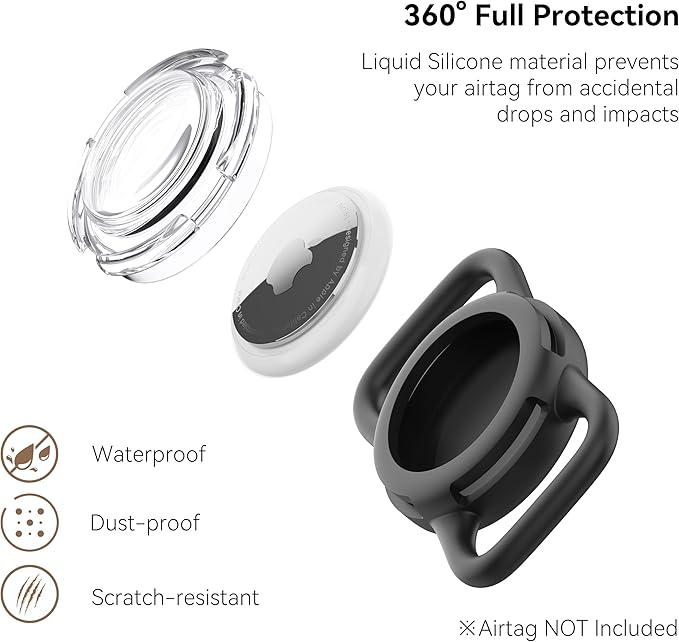 Waterproof Air tag Holder for Dog Collar, Silicone & ABS Air tag Holder for Dog & Cat Collars, Ultra-Durable, Lightweight and Protective Air tag Case (Black & Black, Regular)