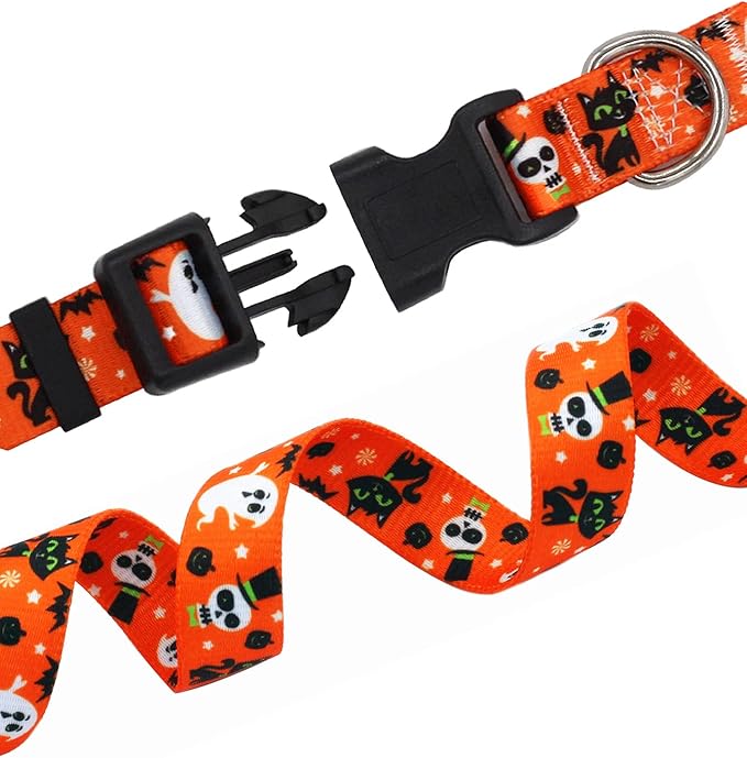 Halloween Dog Collar - Pumpkin Bat Ghost Pattern - Adjustable for Small Medium Large Dogs(Halloween,S)