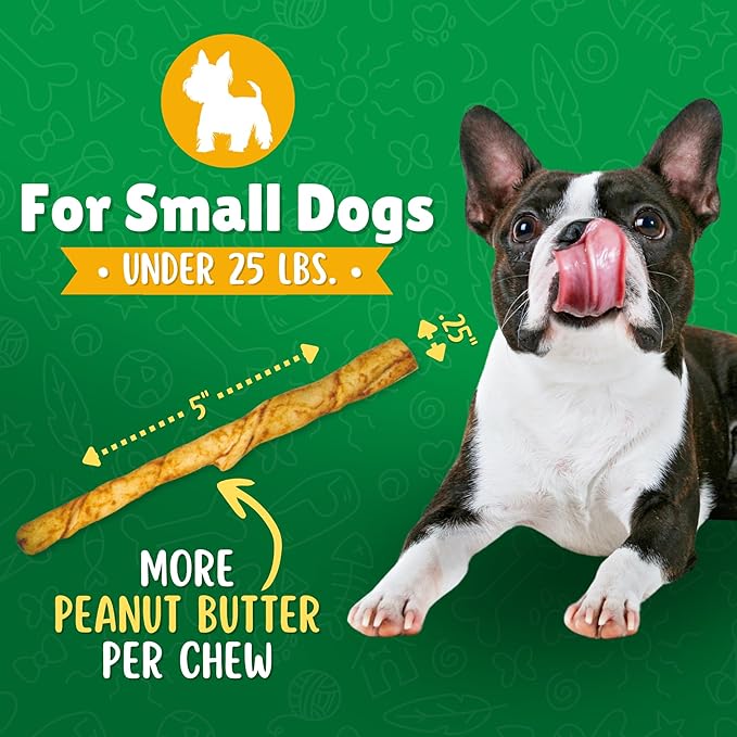 Peanut Butter Rawhide Twist Sticks Dog Treats – 25ct. Premium Rawhide Chew Sticks – Long Lasting Peanut Butter Flavored Chews for Small Dogs Made in USA with Natural Beef Hide