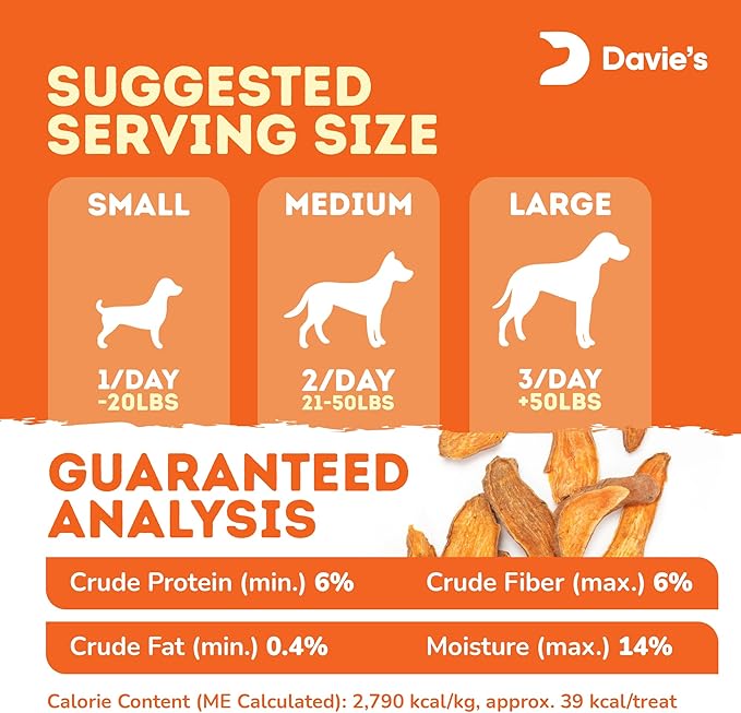 Davie's Sweet Potato Dog Treats - Healthy Treats Made in USA Only, Natural Treats, Healthy Dog Chews, Low Fat Treats, 0.5 lb. Bag