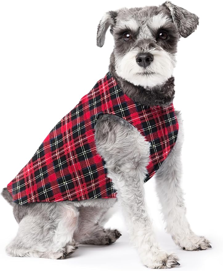 Stretch Fleece Dog Coat, Stretchy Pet Sweater, Machine Washable Pullover for Winter and Fall, Red Classic Plaid, 10