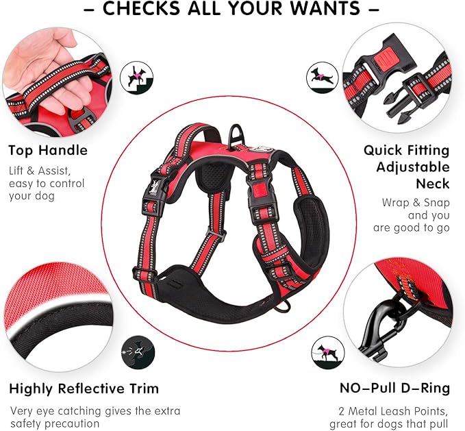 PoyPet No Pull Dog Harness, [Release on Neck] Reflective Adjustable No Choke Pet Vest with Front & Back 2 Leash Attachments, Soft Control Training Handle for Small Medium Large Dogs(Red,L)