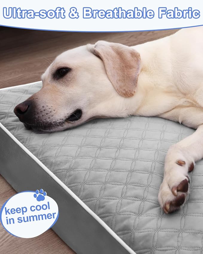 KSIIA Orthopedic Dog Bed Extra Large Dog Bed with Removable Machine Washable Cover Waterproof Crate Pad with Egg Crate Foam and Non-Slip Bottom, 53x36 Inch, Light Gray