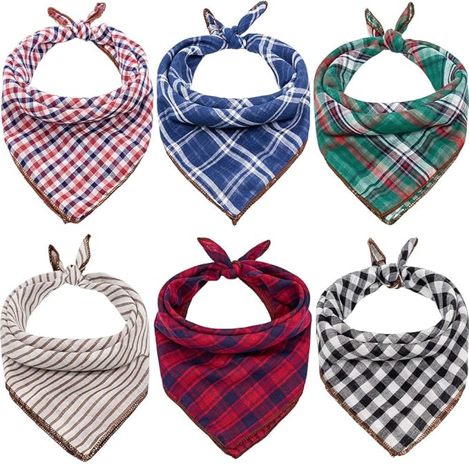 Remifa Dog Bandanas - 6PCS Birthday Gift Washable Green Black Blue Red Square Plaid Printing Christmas Dog Bib Double Reversible Kerchief Scarf Adjustable Accessories for Small to Large Dog Puppy Cat