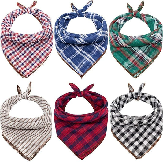 Remifa Dog Bandanas - 6PCS Birthday Gift Washable Green Black Blue Red Square Plaid Printing Christmas Dog Bib Double Reversible Kerchief Scarf Adjustable Accessories for Small to Large Dog Puppy Cat