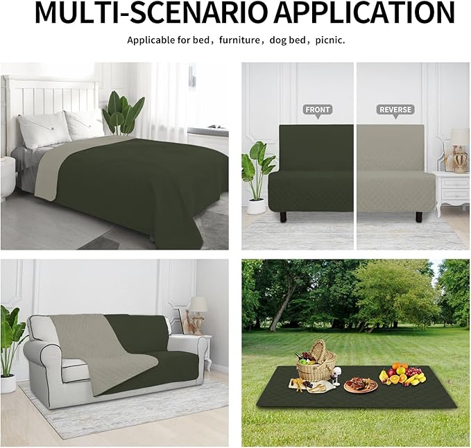 Easy-Going 100% Waterproof Dog Bed Cover Reversible Leak Proof Couch Cover Washable Sofa Cover Furniture Protector Blanket for Pets Kids Children Dog Cat (102x90 Inch, Army Green/Beige)