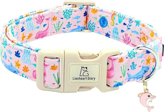 Lionheart glory Dog Collar Sea Animals Print Pink Dog Collars Male or Female Spring Summer Cute Collar Pet Gift Durable Adjustable Dog Collar for Large Dogs