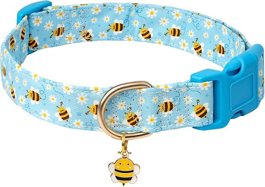 Dog Collars with Buckle Adjustable for Cute Girl Female Boy Dogs,Special Soft and Fancy Dog Pet Collar with Bee Design for Small Medium Large Dogs (S, Blue-Bee)