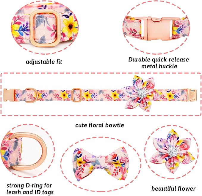 Dog Collar and Leash Set Girls Adjustable Puppy Collars with Floral Bow Tie for Small Medium Large Female Dogs, Pink Flower, M