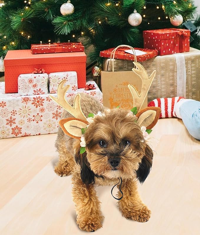 Dog Cat Christmas Reindeer Ears Antlers Headband Adjustable, Forest Flower Elk Hat Headwear Pet Deer Hair Cosplay Costumes Accessories for Halloween Merry Christmas (S(for Cats and Small Dogs))