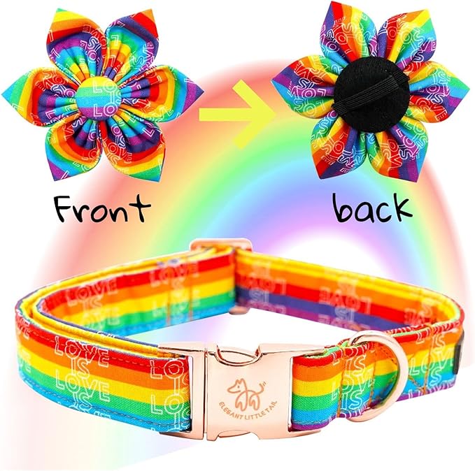 Elegant little tail Dog Collar, Rainbow Flag Dog Collar Flower LGBT Flower Dog Collars Holiday Pet Gift Adjustable Soft Puppy Collar for Large Dogs