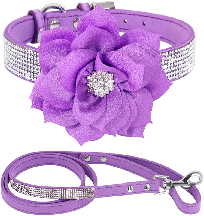 PET ARTIST Rhinestone Dog Collar and Leash Set, Sparkling Girl Dog Collars with Bling Diamonds, Soft Leather Purple Pet Collar with Cute Flower for Small Puppy Dogs Walking Party Wedding,S