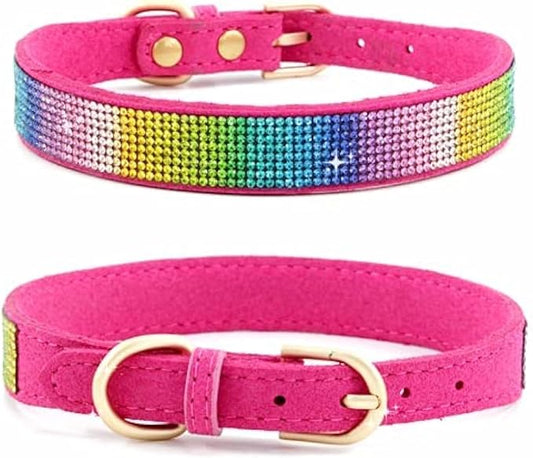Rhinestone Dog Collar, Cute Dazzling Sparkling Soft Suede Leather Dog Cat Rhinestone Collar Crystal Diamond Pet Dog Puppy Collar (M, Hot Pink-3)