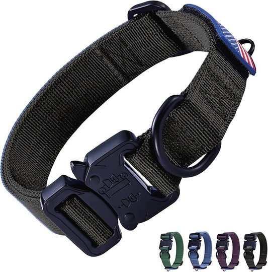 KCUCOP Heavy Duty Dog Collar - Adjustable Tactical Military Dog Collars with Metal Buckle, Quick Release, 2 D-Rings & Flag Patch for Medium & Large Dogs(Black-M)