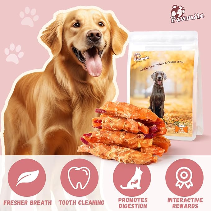 Dog Treats, Double Sweet Potato Chicken Jerky Wrapps Healthy Rawhide-Free Dog Treats Chicken Jerky Low Fat High Protein Snacks Chewy for Small Medium Large Dogs 12-15 Counts