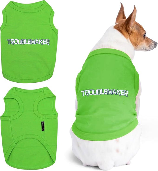 Parisian Pet Dog Tshirt - Embroidered “ Trouble Maker “ Tank Top - Pure Cotton and Lightweight Pet Vest - Sleeveless Tee Shirts - Machine Washable Shirts for Small Dogs - S
