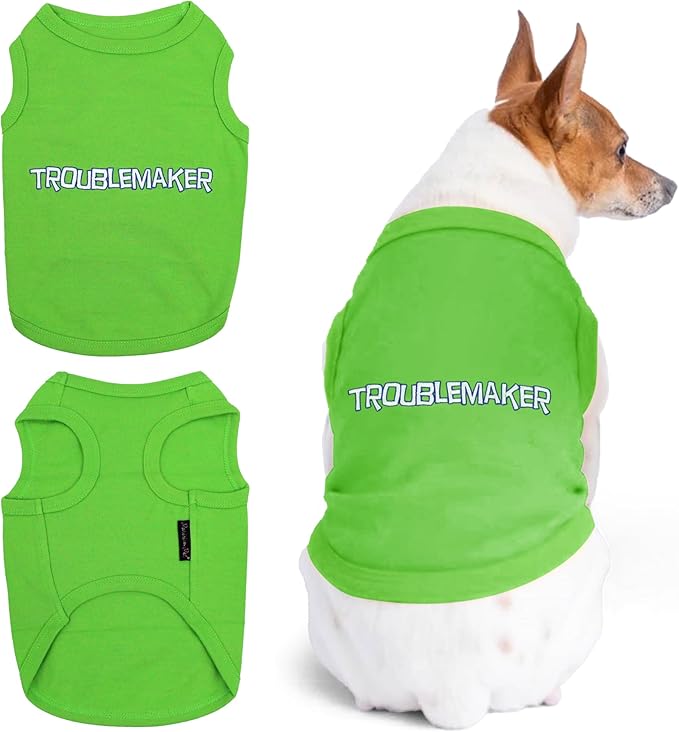 Parisian Pet Dog Tshirt - Embroidered “ Trouble Maker “ Tank Top - Pure Cotton and Lightweight Pet Vest - Sleeveless Tee Shirts - Machine Washable Shirts for Medium Dogs - M