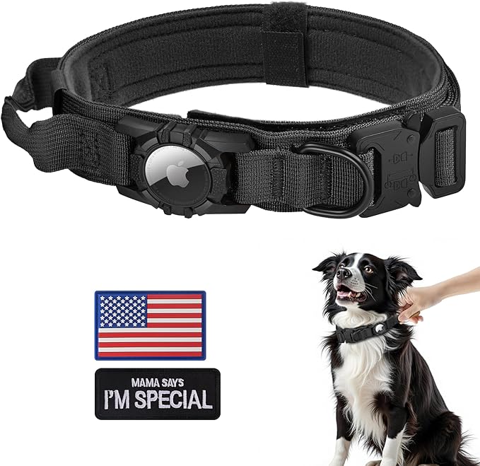 Tactical AirTag Dog Collar - Heavy Duty, Adjustable GPS Collar Compatible with Apple AirTag, with Holder & Control Handle for Medium/Large Dogs [ Black, L ]