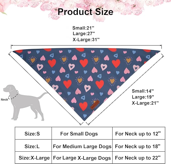 ADOGGYGO Valentine Dog Bandana, Colorful Heart Pet Scarf, Multi Size Offered, White Blue Valentine Heart Bandanas for Large and Extra Large Dogs (X-Large)