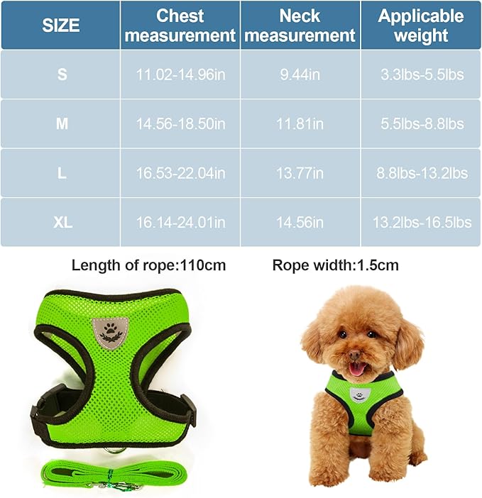 Dog Walking Chest Harness and Leash, Anti-Escape Adjustable Soft Mesh Dog Leash and Harness Set for Small Dog and Puppies, Vest for Medium Sized Dogs (Green, S)