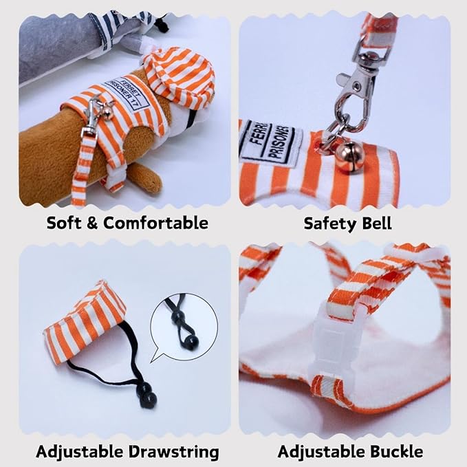 Ferret Harness and Leash - Adjustable Soft Cotton Small Pet Harness with Safe Bell, No Pull Comfort Padded Vest for Ferret, Guinea Pigs, Chinchilla and Similar Small Animals (Orange)