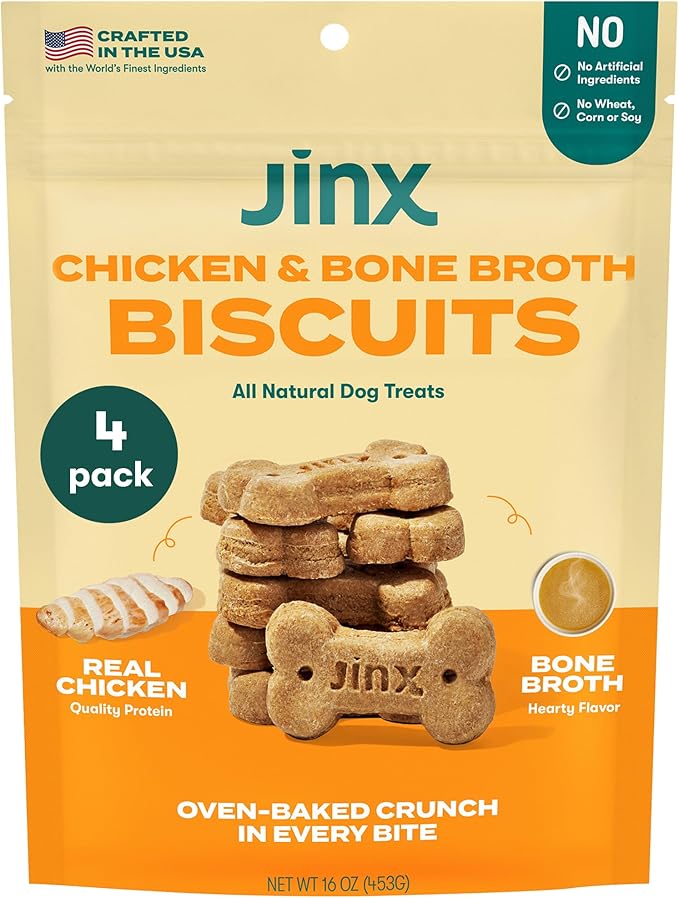 Jinx Oven-Baked Chicken Bone Broth Biscuit Treats, Crunchy, All Natural, Superfood-Rich with Real Beef, Pumpkin & Blueberries, 16oz, 4 Pack