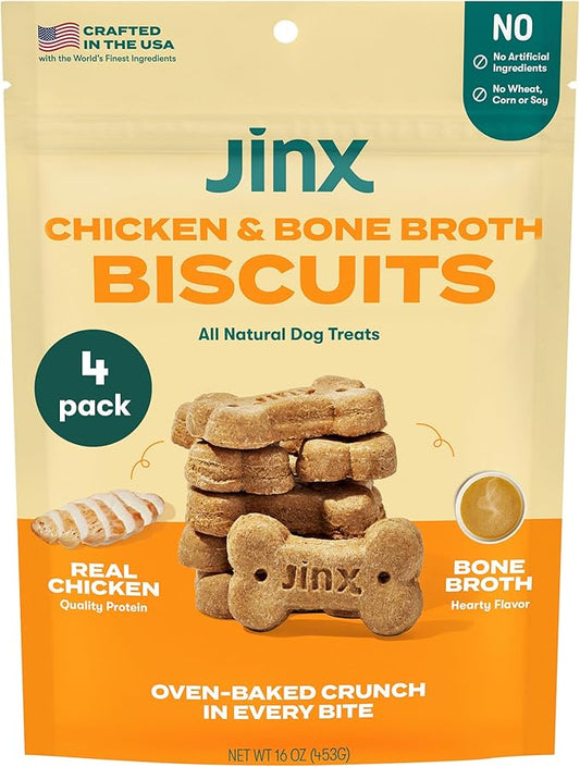 Jinx Oven-Baked Chicken Bone Broth Biscuit Treats, Crunchy, All Natural, Superfood-Rich with Real Beef, Pumpkin & Blueberries, 16oz, 4 Pack