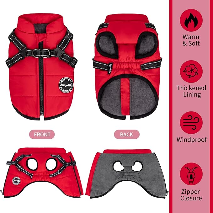 Dog Winter Coat, Warm Dog Jacket Reflective Adjustable Dog Fleece Vest with Harness Built in, Waterproof Windproof Dog Snow Jacket Snowsuit with Zipper for Small Medium Dogs, Red XS
