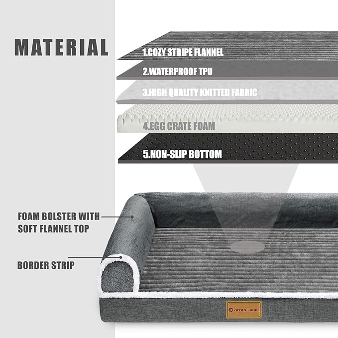 Patas Lague Orthopedic Jumbo Dog Bed for Extra Large Dogs 56''X40'', Waterproof Comfortable L Shaped Jumbo Non-Slip Soft Warm Pet Sofa Sleep Bed mat with Removable Washable Cover, Grey