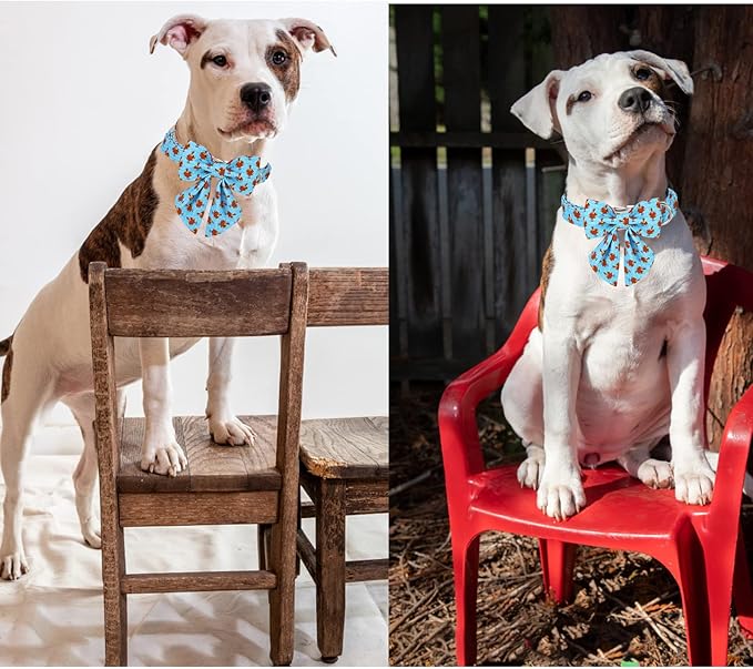 Unique style paws Thanksgiving Dog Collar with Bow Tie Blue Turkey Puppy Collar for Small Medium Large Dogs as Autumn Winter Pet Gifts-XL