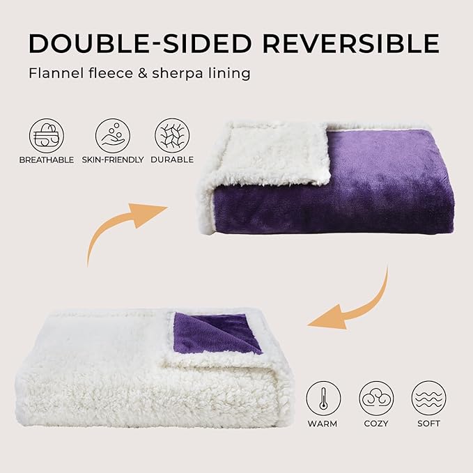 Luciphia Waterproof Blanket for Large Dogs Liquid Proof Furniture Protector Washable Pet Reversible Bed Cover for Couch Soft Sherpa Fleece Cat Blanket for Small Medium Purple White Large（65" x 57"）