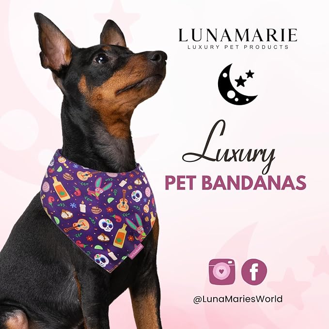 Luxury Dog Bandanas - Dia De Los Muertos Design | Premium & Silky Poly Fabric | 100% Handmade | Custom Shape Dual Layered Reversible Small, Medium, Large Cat Scarf (Day Of The Dead, Small)