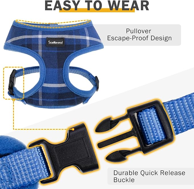 SCENEREAL Puppy Dog Harness with Leash Set for Small Medium Sized Dogs, Soft Mesh Step in Pet Harnesses and Leash, No Chock Plaid Adjustible No Pull Vest for Dogs Cats, Chihuahua,Bulldog (Blue M)