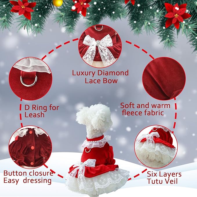 FLAdorepet Dog Christmas Costume Outfits,Red Velvet Small Dog Bowknot Pearl Dress Tutu Skirt, Winter Cat Clothes Pet Apparel(Red Bow, X-Large)