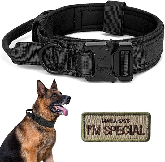 Tactical Dog Collar with Handle - Military Adjustable Dog Training Collar Soft Nylon and Heavy Duty Metal Buckle for Medium Large Dogs - with Patch (Black, Large)